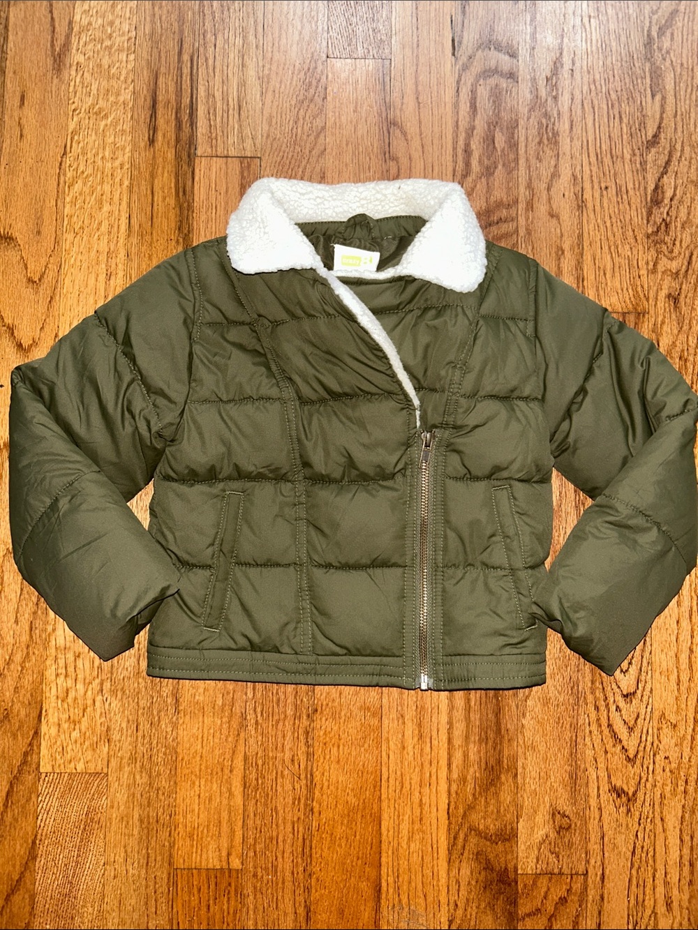 Crazy 8 Girls Quilted Jacket Asymmetrical Zip Sherpa Collar Olive Green